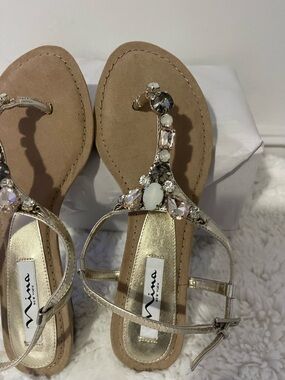 ANNA New York Metallic Gold Jeweled T-Strap Sandals